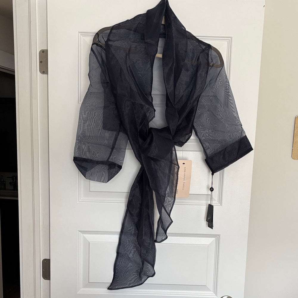 Adrianna Papell Navy Blue organza shawl with sleeves